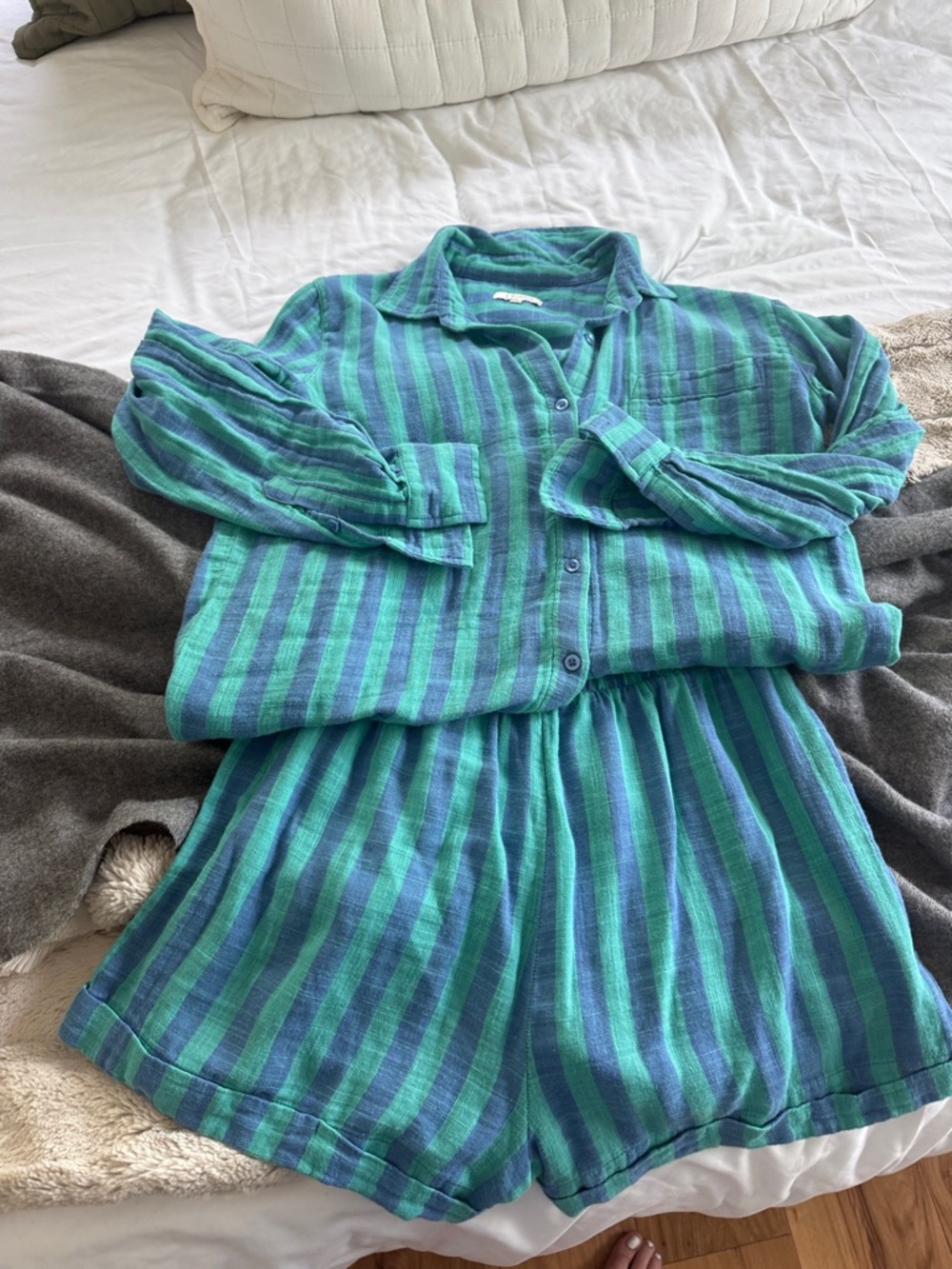 Z Supply Blue and Green Striped Button-Up Shirt w/ Matching shorts .